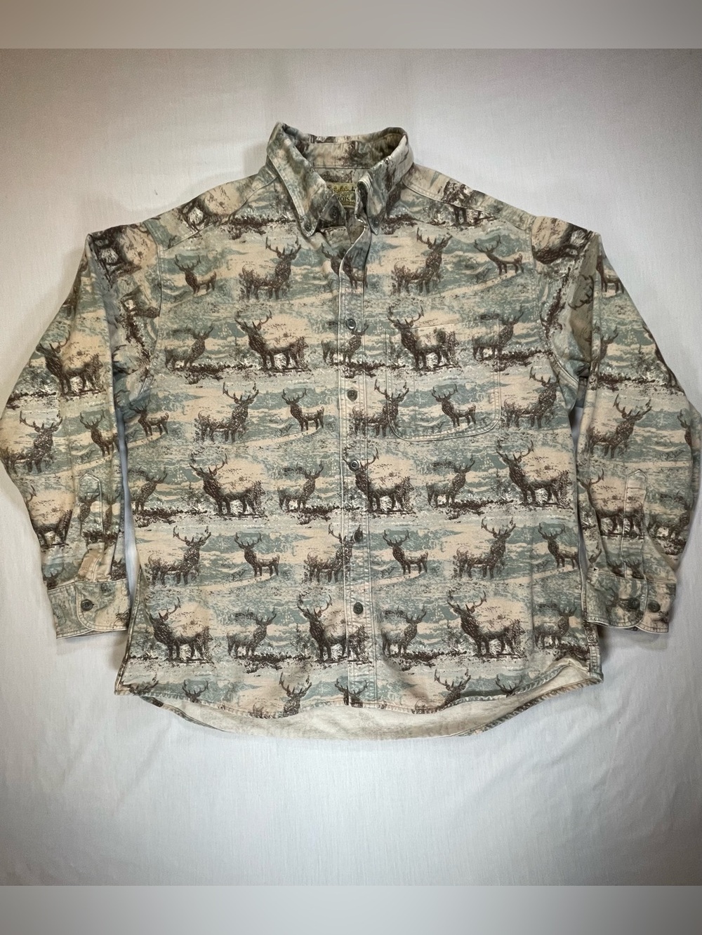 Vintage Cabela's Deerskin Soft Chamois Mens L Elk Print Outdoor Flannel Wildlife